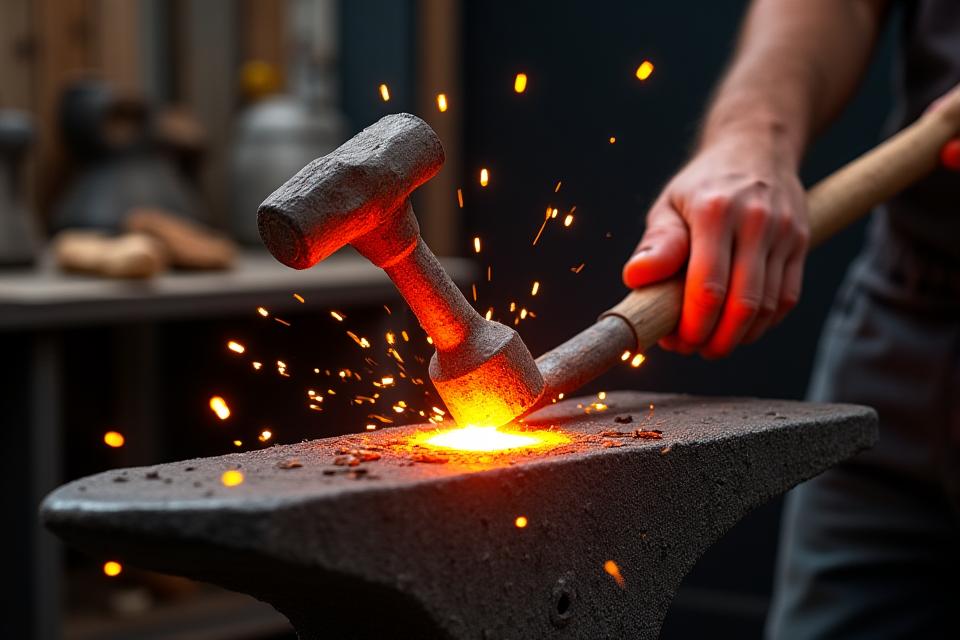 Mains d'artisan travaillant le métal avec un marteau, étincelles et artisanat détaillé