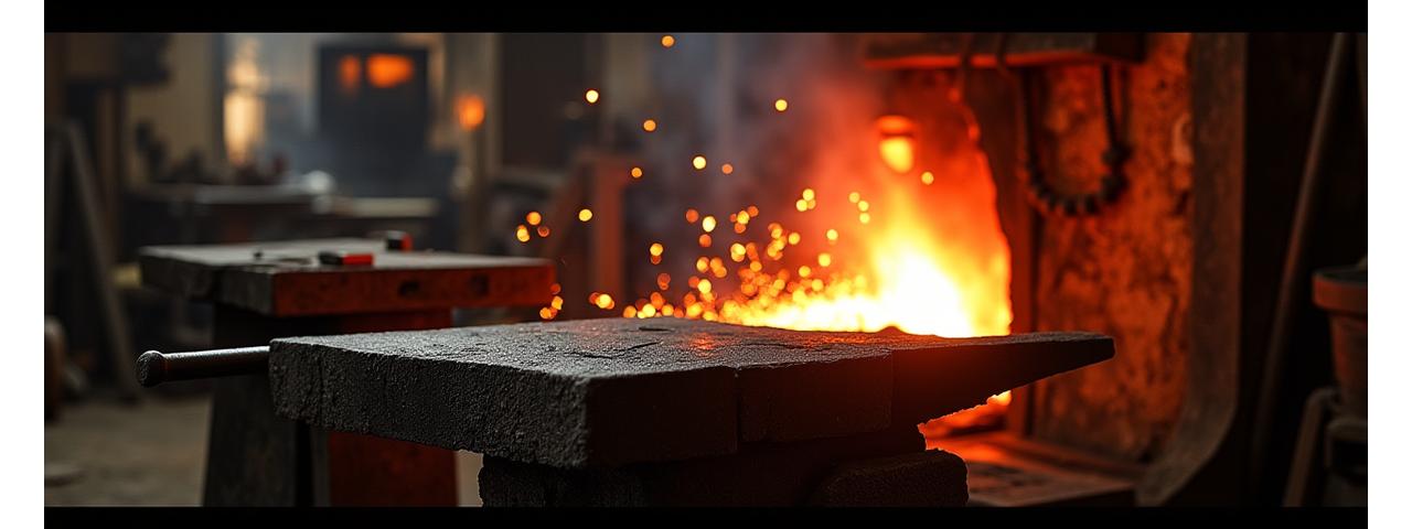 Vue inspirante d'une forge artisanale avec des étincelles jaillissant du métal chaud