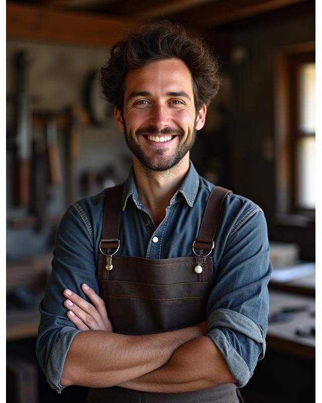 Portrait de Jonathan Dubois, artisan ferronnier, devant son atelier