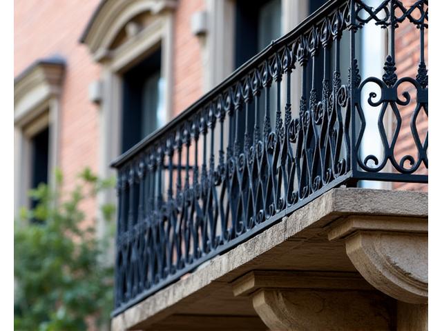 Ancien garde-corps de balcon en fer forgé restauré avec peinture anti-corrosion.