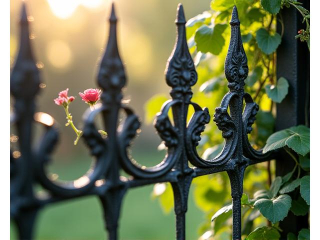 Grille de clôture de jardin en fer forgé, au design floral délicat.