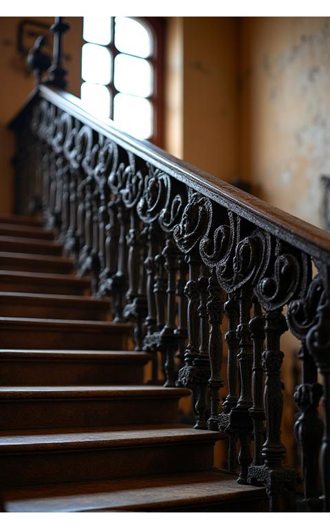 Rampe d'escalier historique en fer forgé complexe, avant et après restauration.