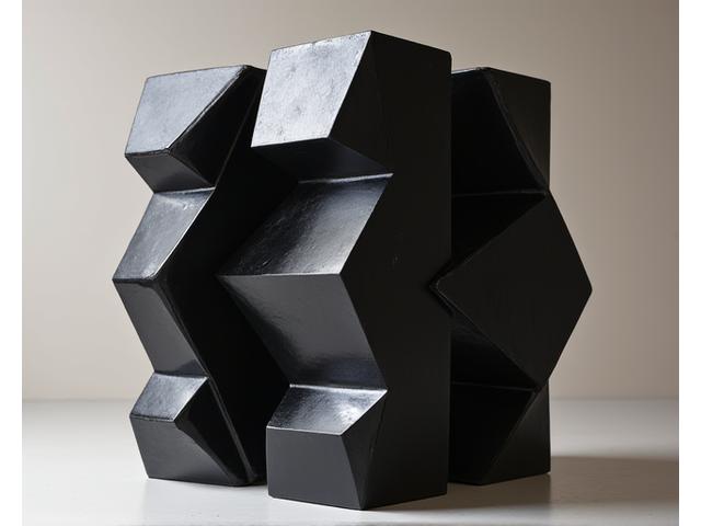 Sculpture en métal abstrait, formes géométriques entrelacées.